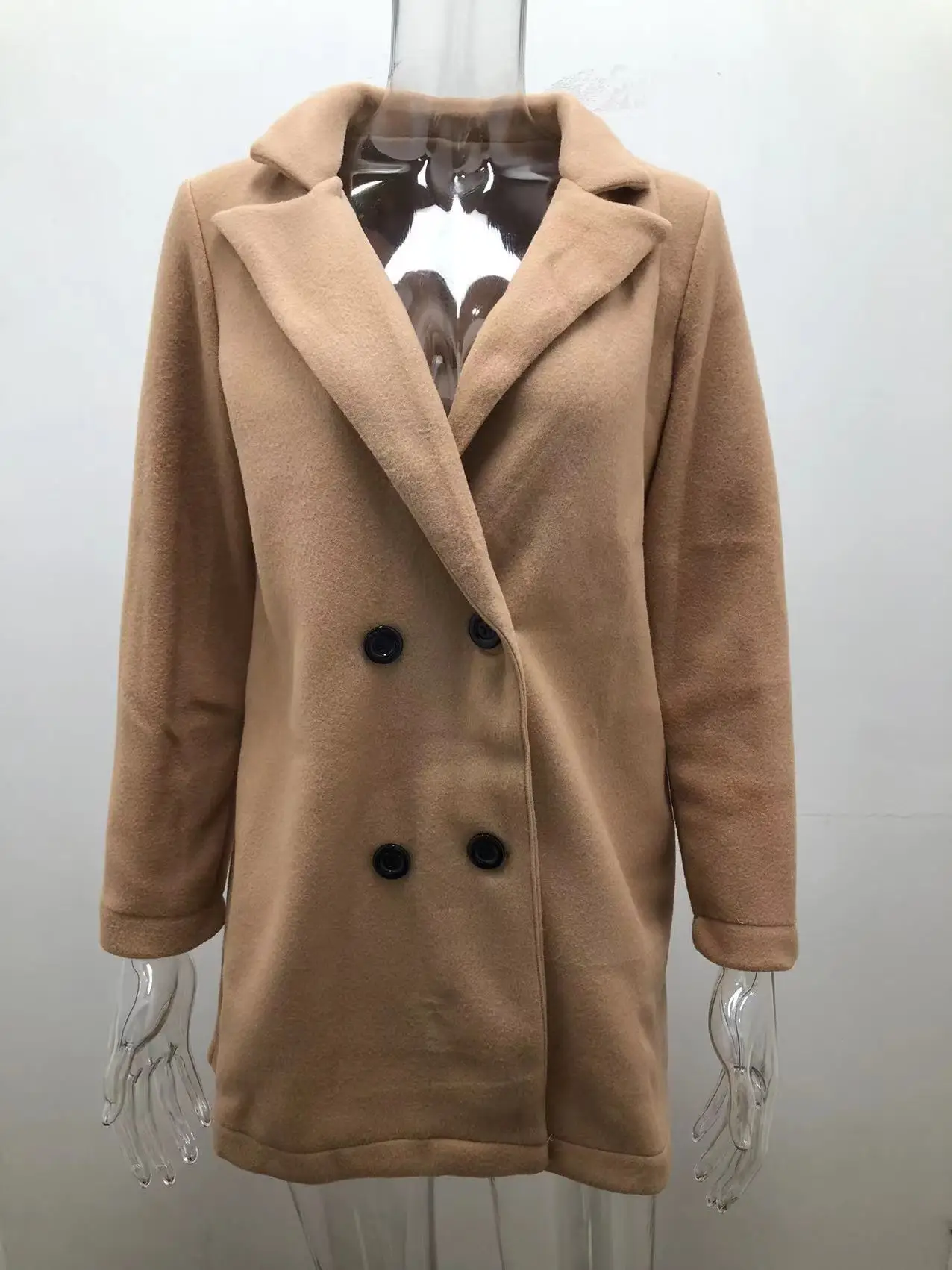 Autumn and winter solid color long sleeved double breasted suit collar woolen jacket for women