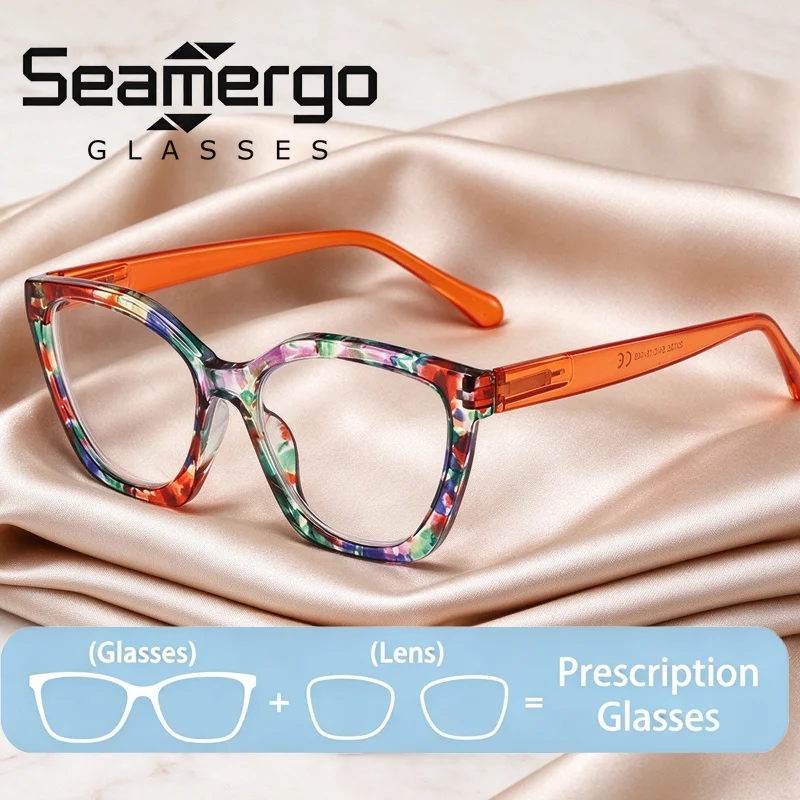 SEAMERGO Vintage Cat Eye Prescription Glasses for Women Ultralight Flora Printed Customized Eyewear HD Optical Lenses Recipe
