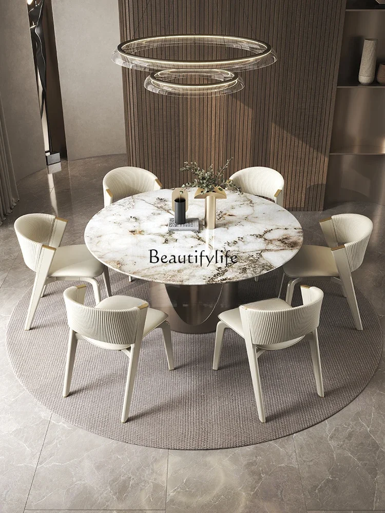 

yj5Italian Simple Luxury Natural Luxury Stone Modern Simple High-End Electric round Dining Tables and Chairs Set
