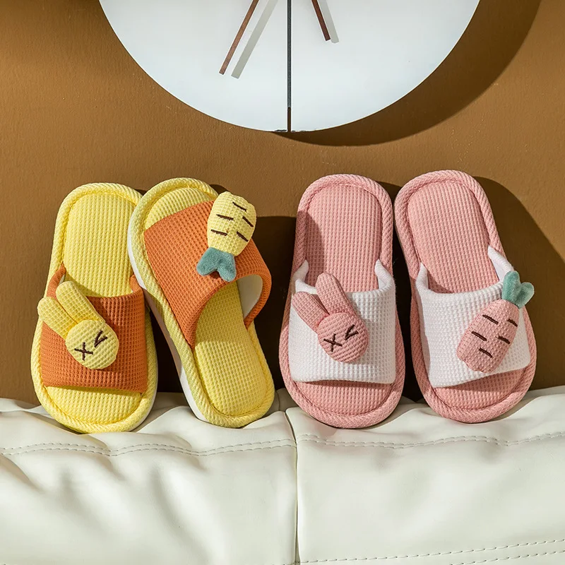 Cute Cartoon Rabbit Soft Soled Home Slippers Comfort Versatile Linen Children Shoes Antiskid House Slippers for Baby Pantuflas