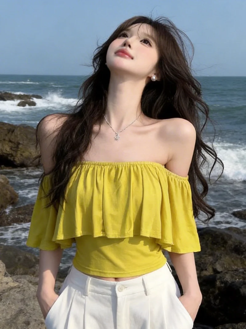 

Stunning Slim Fit Knitted Tube Top Women's Summer Outerwear Breathable Fashionable Lace Trim One Shoulder Beauty Knitwear