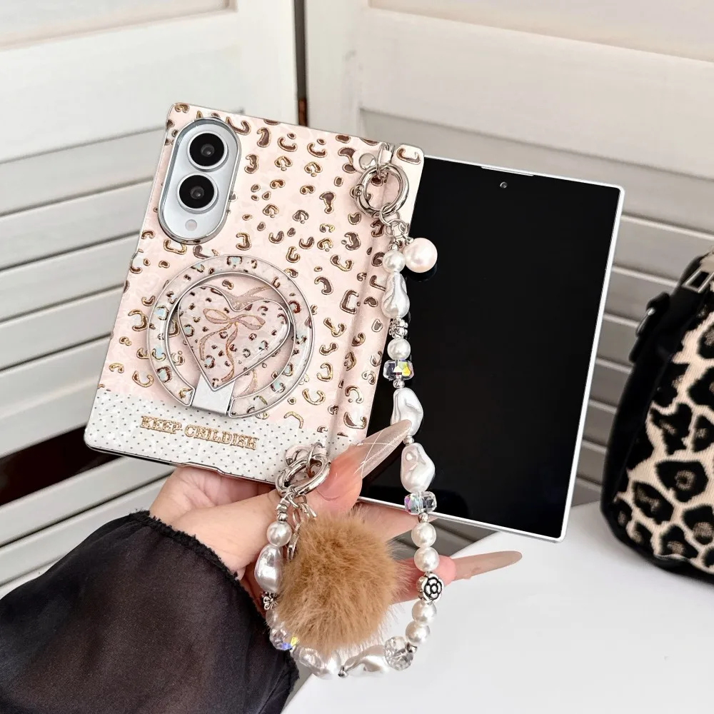 Leopard Print For Samsung Galaxy Z Fold 8 Wide Magsafe Magnetic Bracelet Phone Case Protective Shell Bow Tie Holder Back Cover