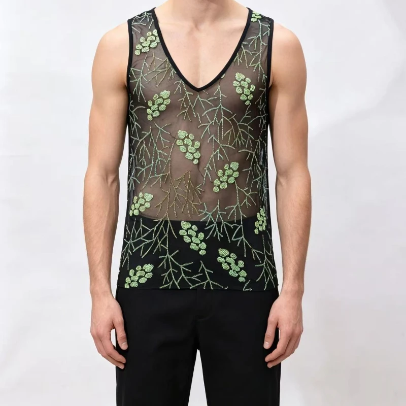 Hot Sale Men’s Light Green Sheer Mesh Tank Top Sleeveless Vest with Branch Floral Rhinestone Design – See Through Performance