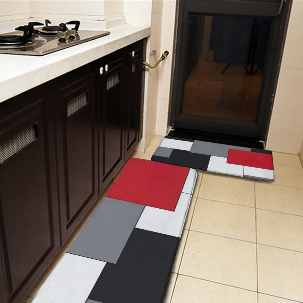 Original Colorblock Red Black Gray White Kitchen Mat Floor Carpet Fashion Simple  House Modern Home Decor   ﻿