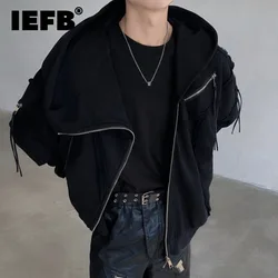 IEFB Niche Design Men's Hoodies Rough Edges Splicing Hooded Zipper Cardigan Sweatshirt Autumn New Loose Fit Black Tops 12C1460