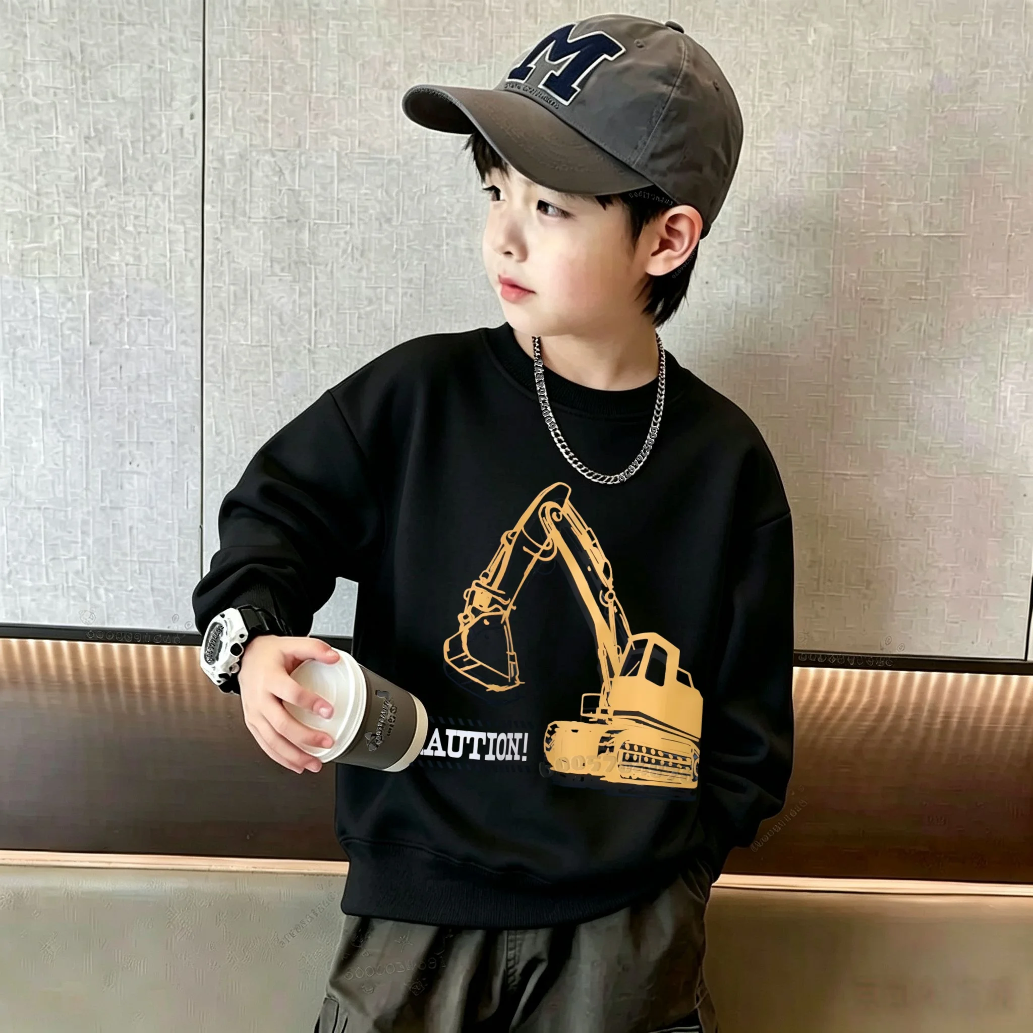 Children's winter and autumn fleece pullover with round neck - Excavator cartoon print boys' and girls' soft and warm hooded top
