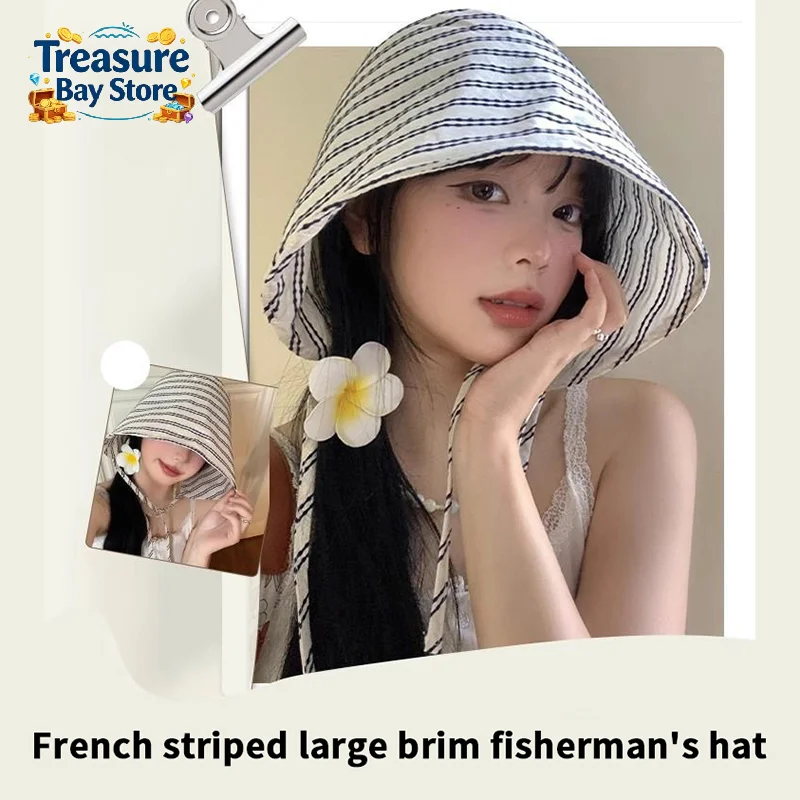 Large Brim Foldable Bucket Hats With String For Women Korean Striped Female Panama Bob Outdoor Beach Fishermen Hat