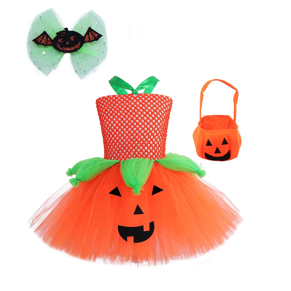 Green Orange Pumpkin Baby Girls Tutu Dress with Bag and Hairclip Kids Halloween Costume Children Fancy Dress Up Party Clothing