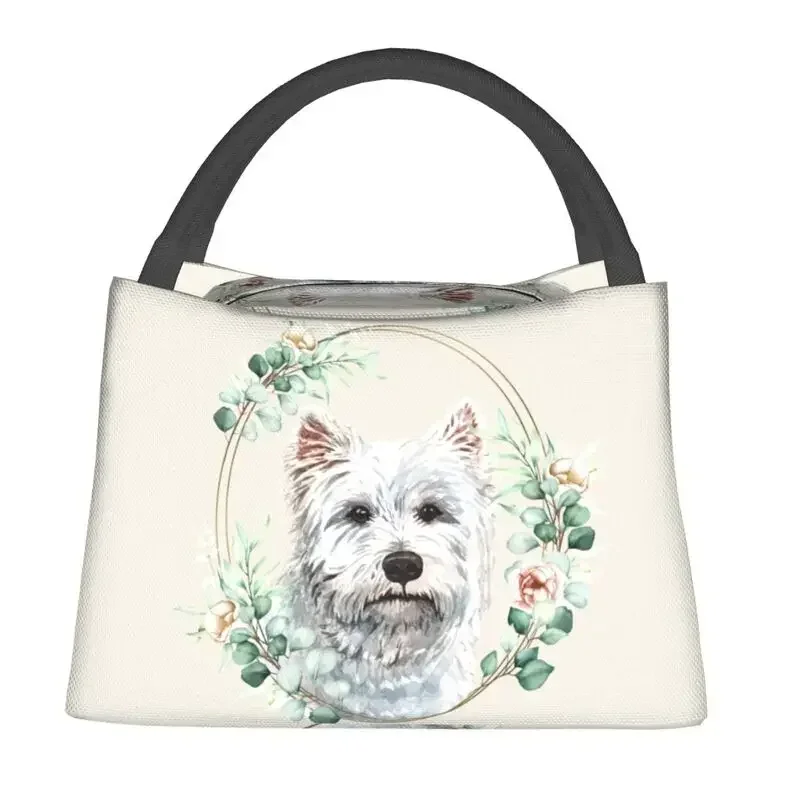 Highland White Dog Perforated in Yellow Flowers, Round, Insulated, Western style Lunch Bag, Pet, Portable Cooler, Bento