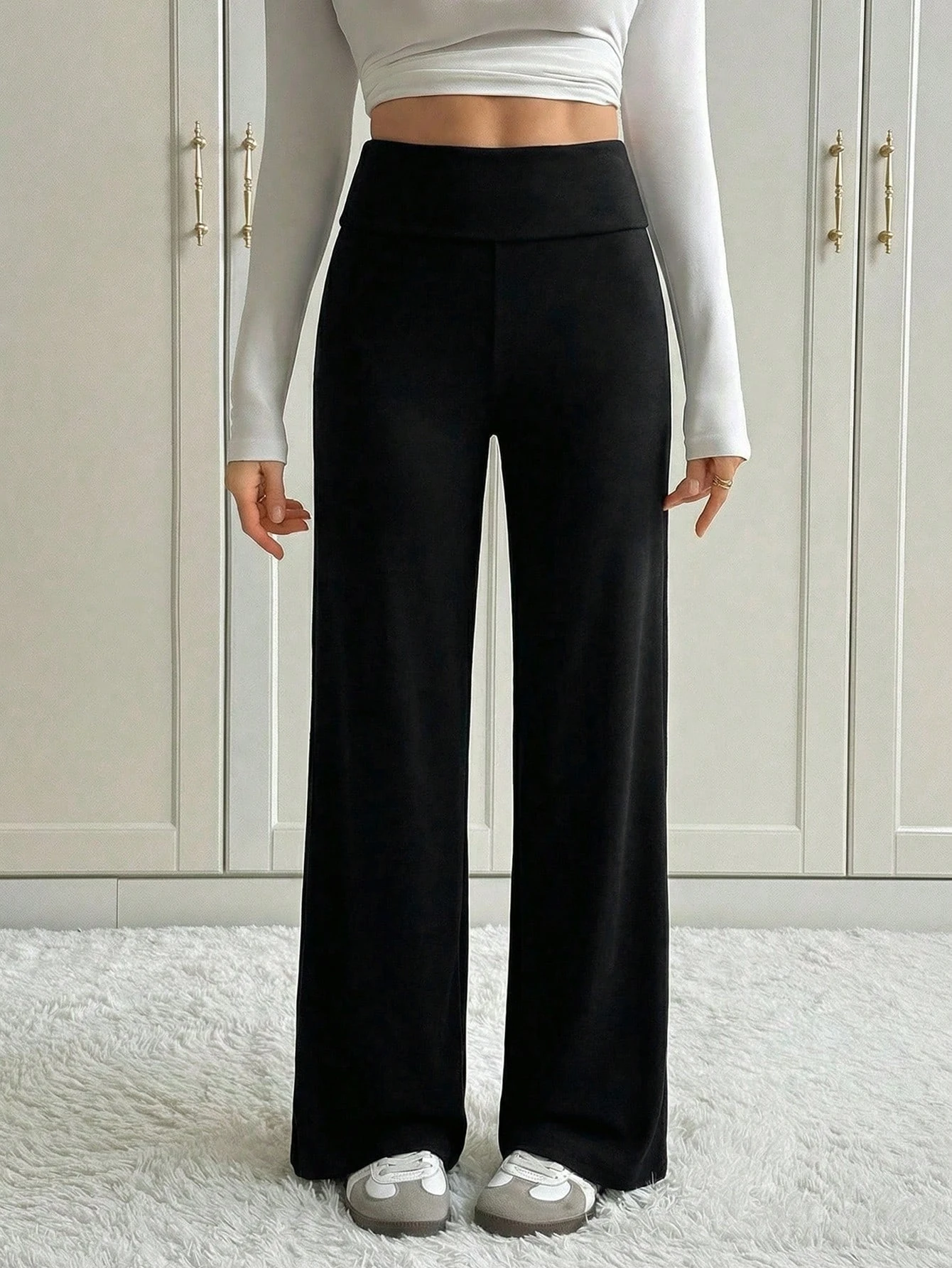 High Waist Wide Leg Pants Women Black Flowy Palazzo Trousers Loose Fit Casual Bottoms For Streetwear Loungewear