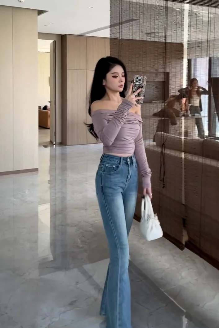 Spring New Arrival Light Blue Micro Flare Jeans Women's Casual High Waist Elastic Slim Fit Long Pants Versatile Everyday Wear