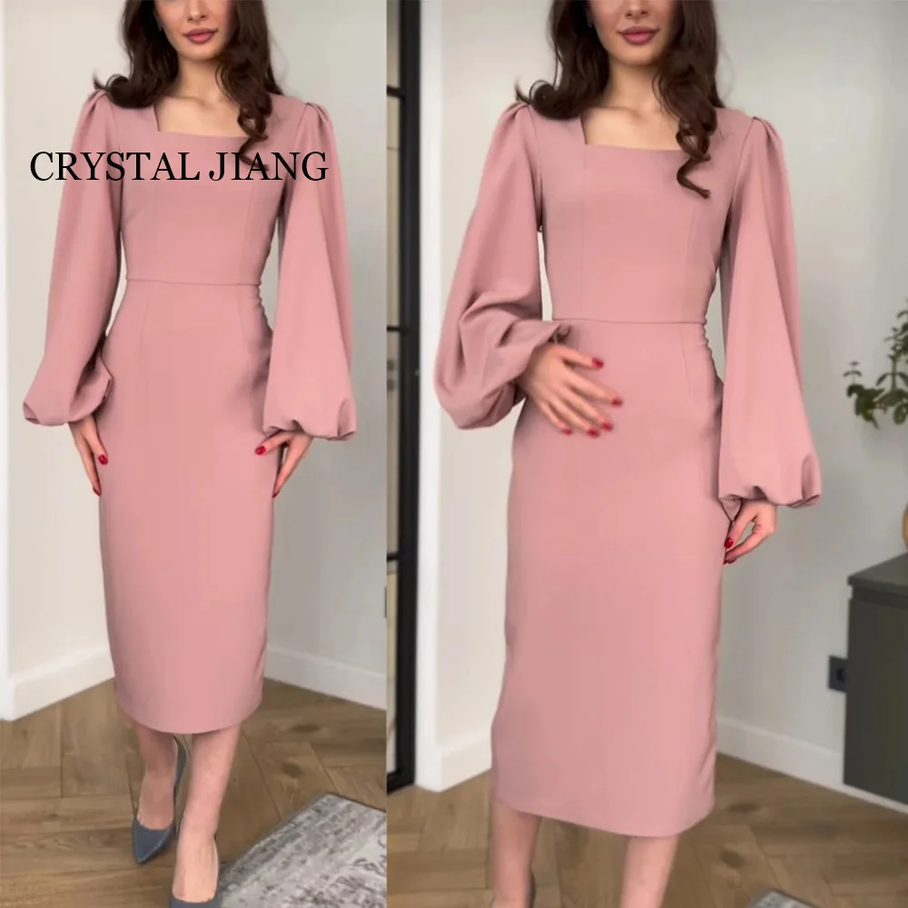 

Elegant Long Pink Square Collar Spandex Evening Dresses Full Sleeves Sheath Tea Length فساتين للمناسبات الرسمية