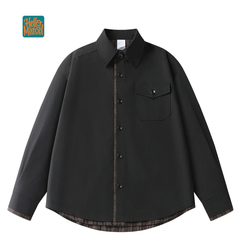 HELLOMARCEL EU US Size High Quality Casual Shirt Street Wear Oversize Retro Plaid Fake Two-Piece Work Unisex Long Sleeve Shirt