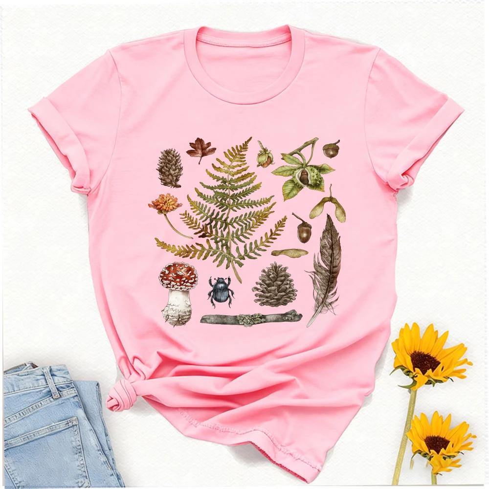 Forest Nature Graphic T Shirt Fern Mushroom Pinecone Acorn Feather Beetle Botanical Wild Plant Print Cottagecore Woodland Tees