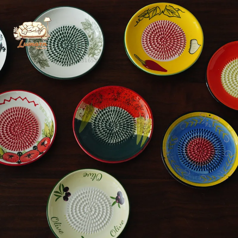 Export to Spain, fruit and vegetable ceramic grinding garlic plate, kitchen ginger garlic grinder, complementary food,