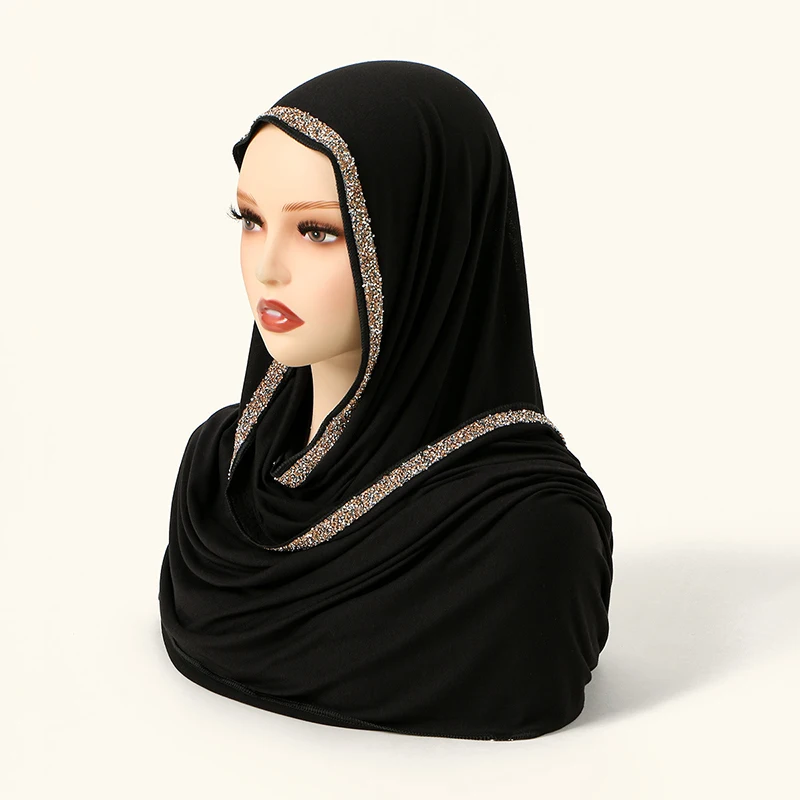 무슬림 여성용 쉬폰 히잡 스카프, 롱 솔리드 컬러 헤드랩, 여성용 헤드스카프, 핫픽스 라인스톤 저지 히잡