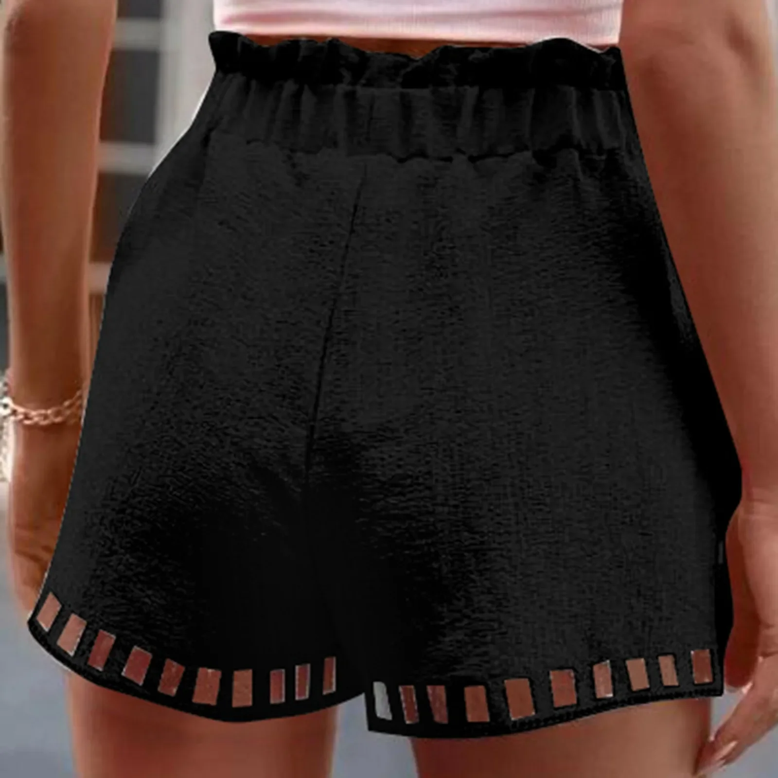 2025 Cotton Linen Shorts Women'S Pants Solid Color Thin Hollow Out Design Trim Pocket Tight Waist Shorts Beachwear White Clothes