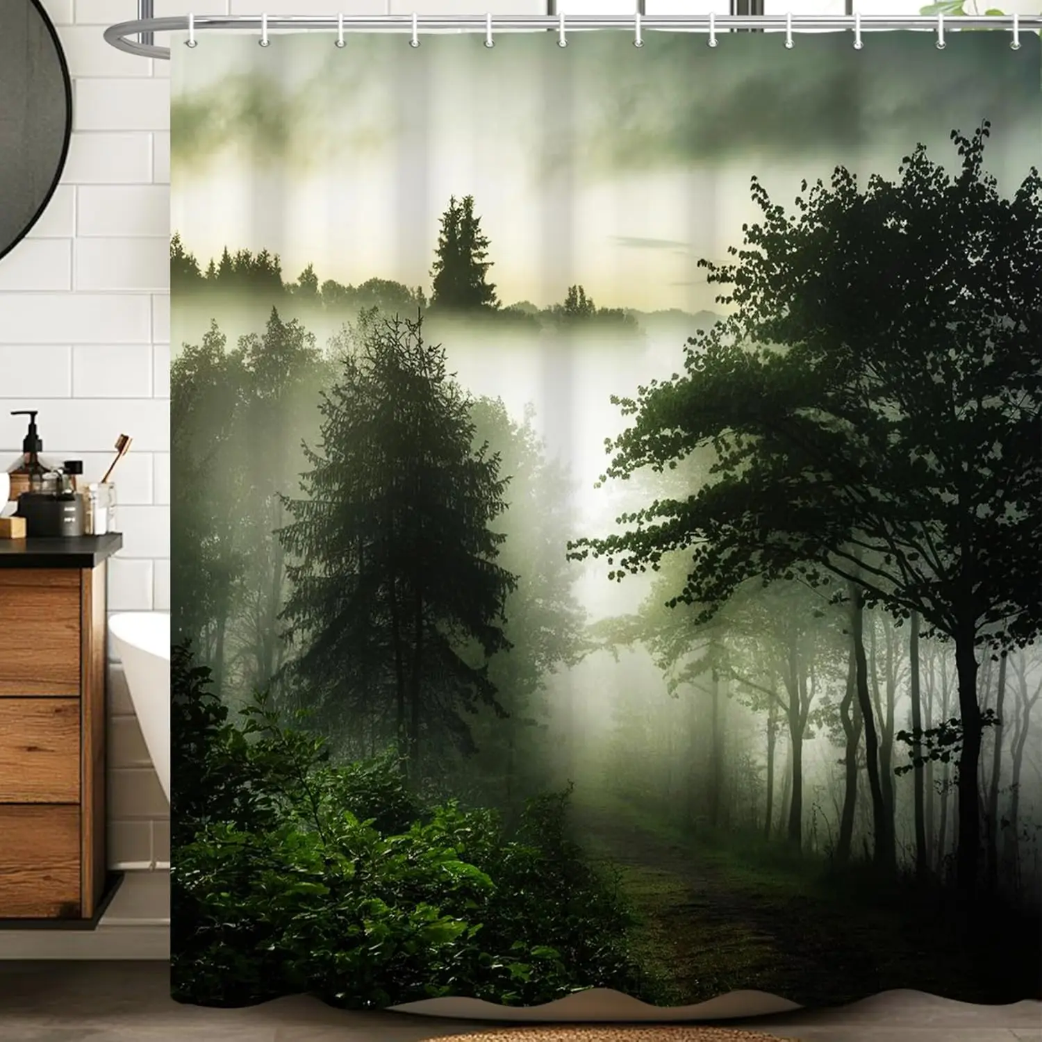 

Misty Forest Path Shower Curtain Dark Green Trees Nature Trail Foggy Morning Scenery Waterproof Bathroom Decor Art