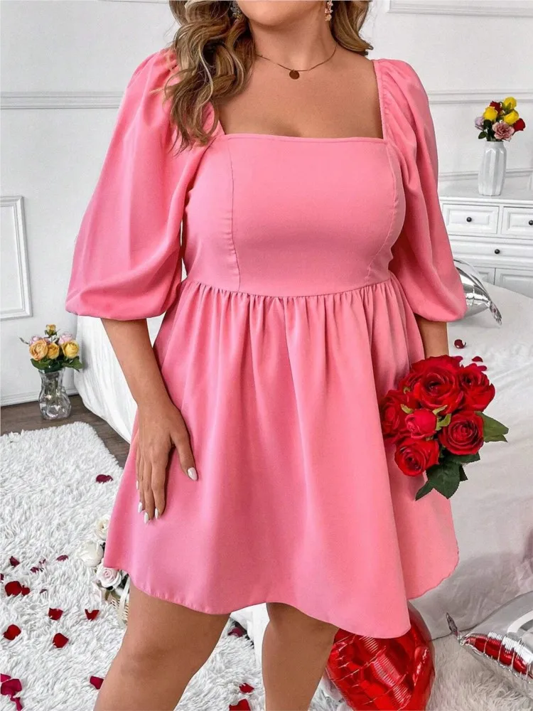 Plus Size Pink Summer Mini Dress Women Puff Short Sleeve Fashion Ruffle Pleated Ladies Dresses Square Collar A-Line Woman Dress