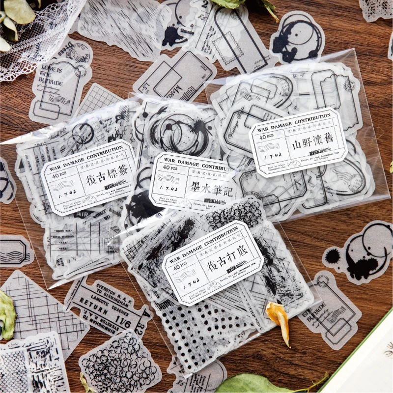 Yoofun 40 szt. Retro czarny i białe naklejki DIY etykiety kreatywne pół przezroczyste etykiety do dziennika Scrapbbooking diy