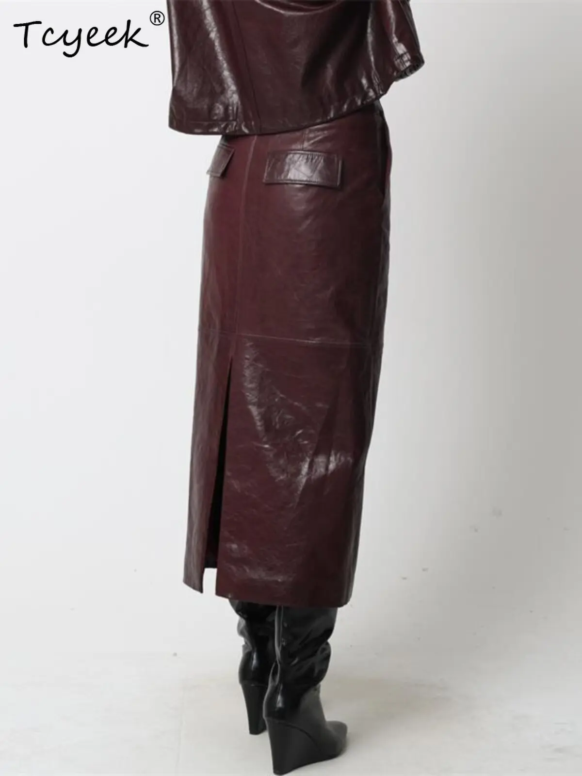 Tcyeek Real Leather Bodycon Skirt Woman Vintage Natural Sheepskin High-waist Skirts Autumn Clothes for Ladies Elegant Skirts