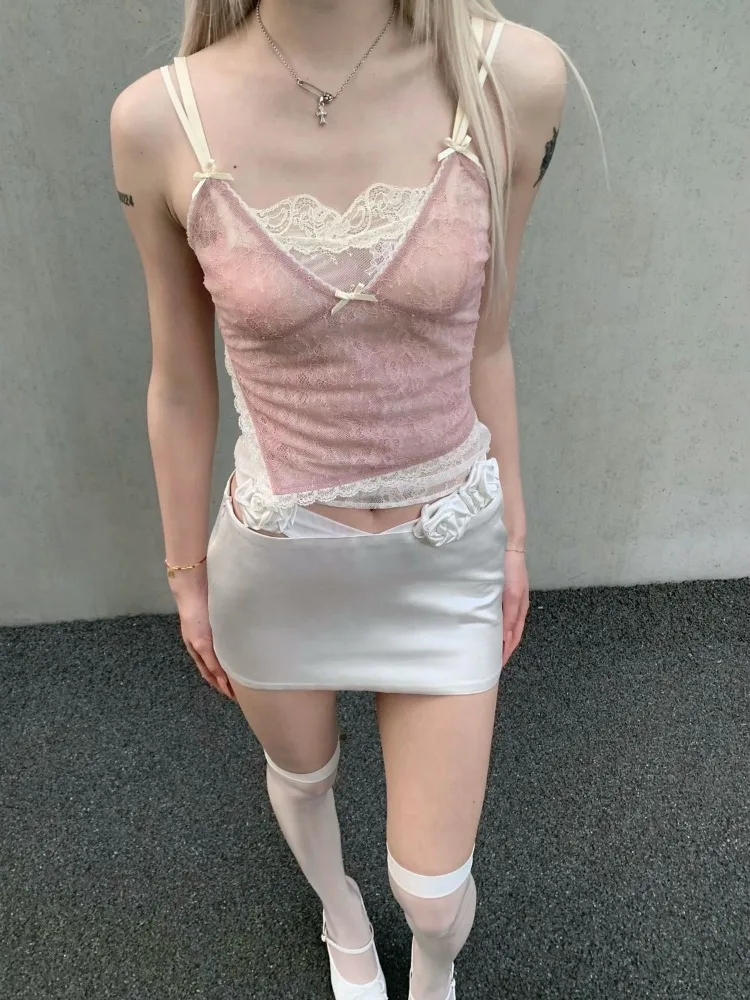 

HOUZHOU Pink Coquette Aesthetic Camis Women Y2k Sweet Harajuku Lace Patchwork Bow Sexy Slim Sleeveless Tees Tops E-gril 2024