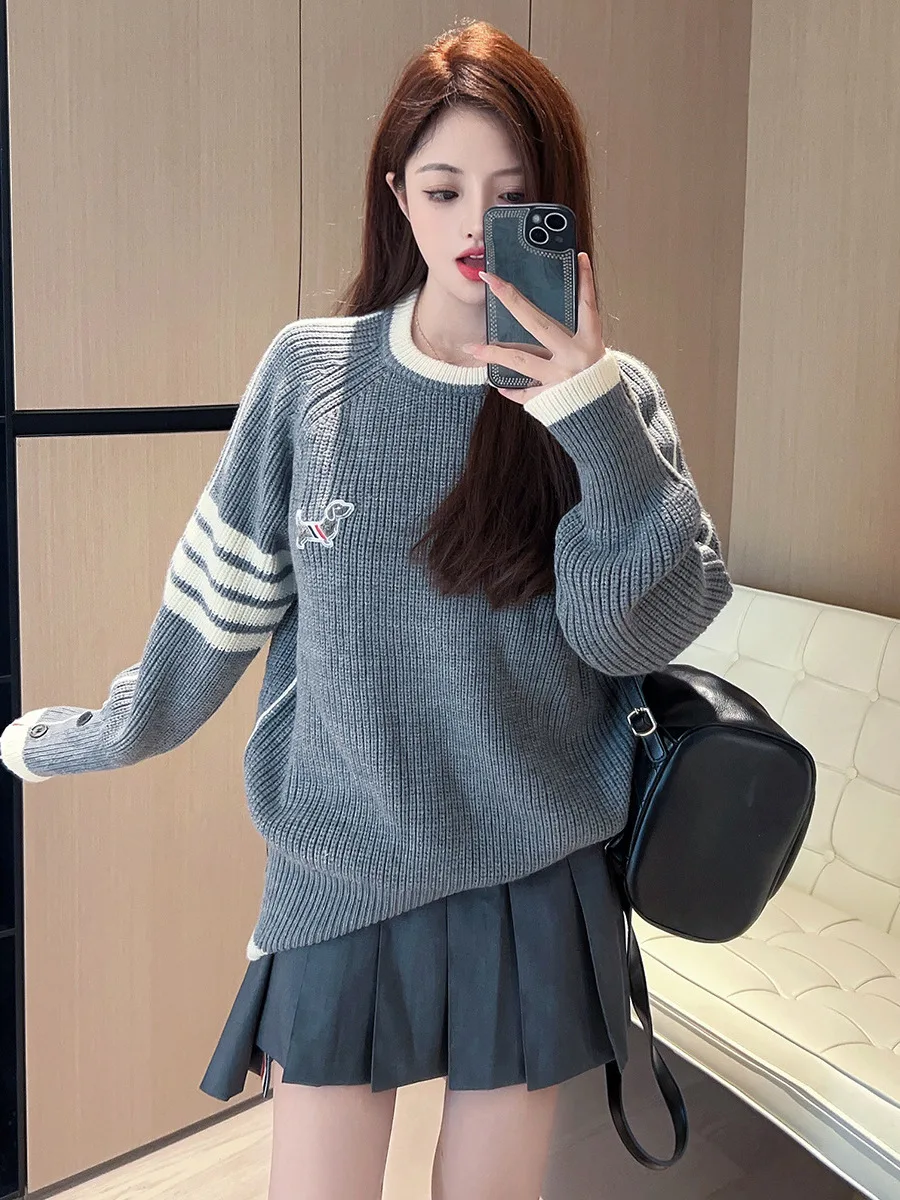 

Loose Fit round Ne Knitted Sweater Embroidered Four Bars Faionable Autumn Winter New Sle Cozy Warm Women's Woolen Sweater