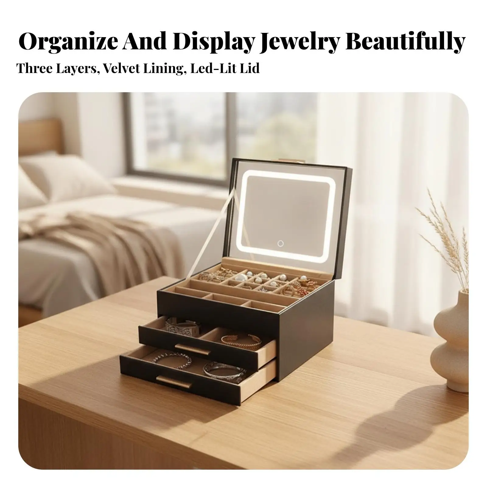 Sturdy Jewelry Organizer Box with Mirror and Builtin LED Light Layered Drawers for Rings Earrings Necklaces Display