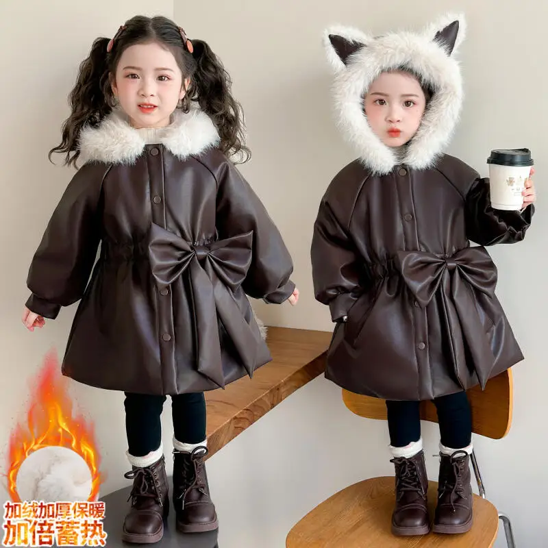 

Зимняя модная детская куртка-пальто с бантом для девочек, плюшевое хлопковое пальто с капюшоном, милое пальто-котон с рисунком, сладкое кожаное пальто для принцесс