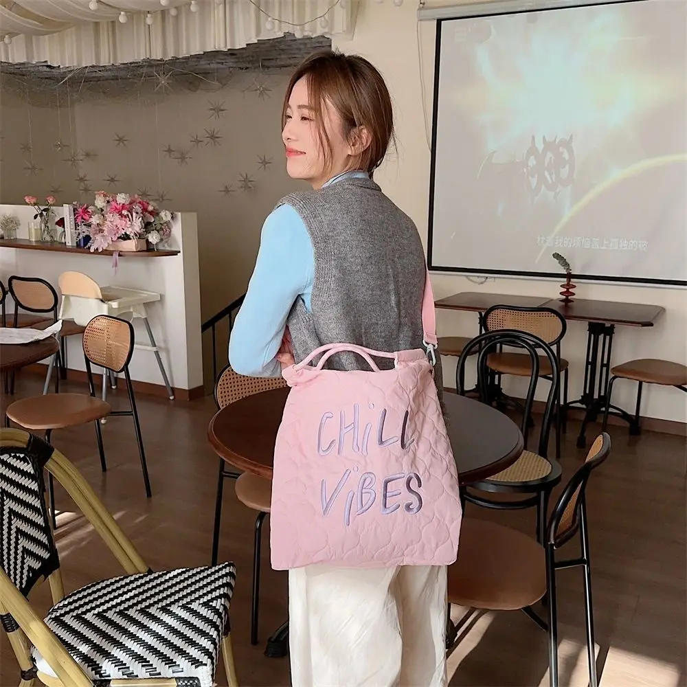 

Large Capacity Drawstring Puffer Tote Bag Embroidery Lightweight Nylon Padded Tote Bag All-match Candy Color