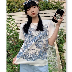 T Shirts Woman Summer 2024 Blue Butterfly Print Front Female Clothing Y2K EMO Clothes Fashion Trend Youth Girl’s Blouses Tops