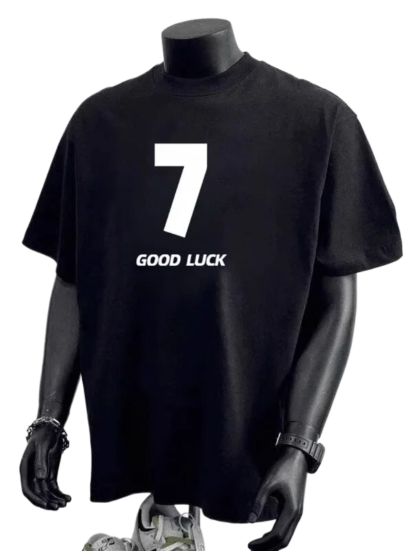 Men Oversized Short Sleeve T Shirt Number 7 GOOD LUCK Print Loose Casual Streetwear Cotton Tees Tops S-3XL