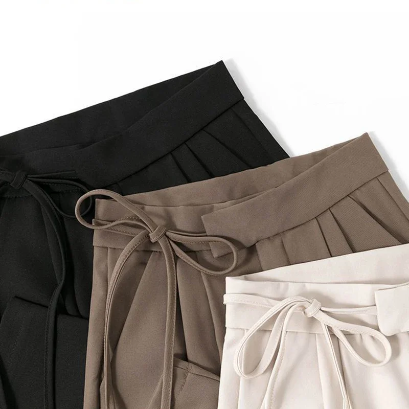 Spring Women Lace Up Straight Leg Suit Pants Female Solid Color High Waisted Trousers Lady Chic Designer All Match Work Pants
