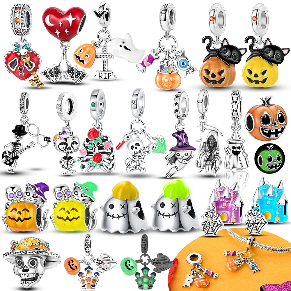 Pumpkin Ghost Skeleton Witch Silver Plated Beads Original Charms Fit Bracelets Bag Keychain Charms DIY Women Gift Accessory