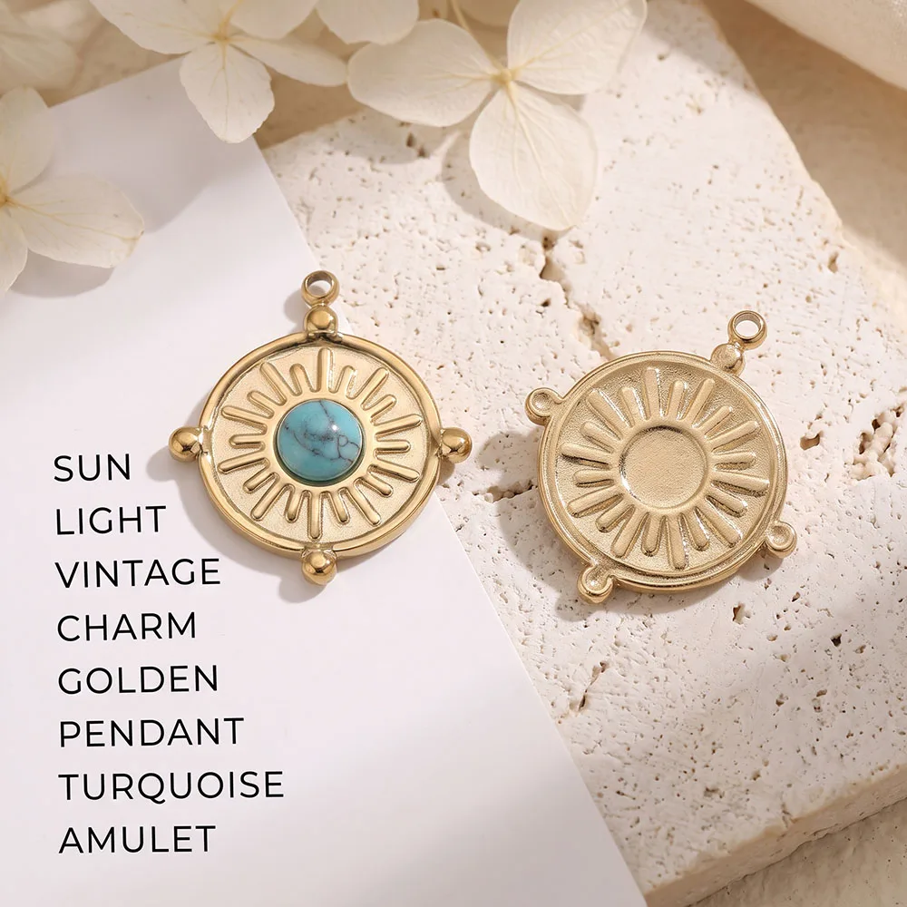 5/10pcs PVD Gold Stainless Steel Sun Round Charm Synthetic Turquoise Inlay Waterproof  Boho  Finding for DIY Jewelry Wholesale