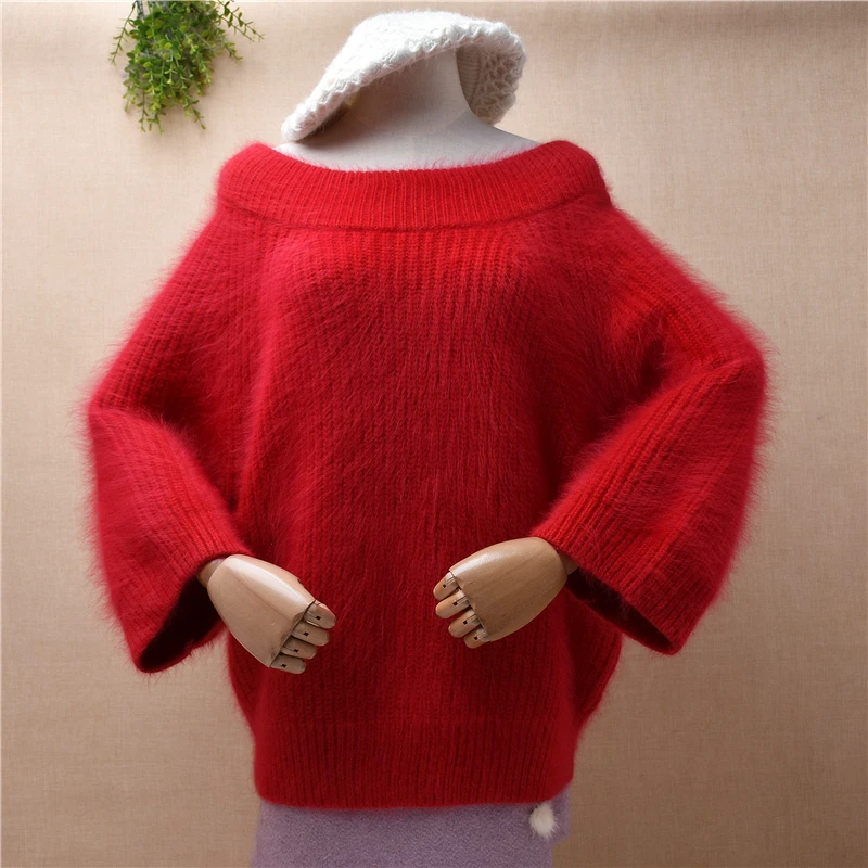 

Female Women Fall Winter Thick Warm Red Hairy Mink Cashmere Knitted Slash Neck Three Quarter Sleeves Loose Pullover Sweater Pull