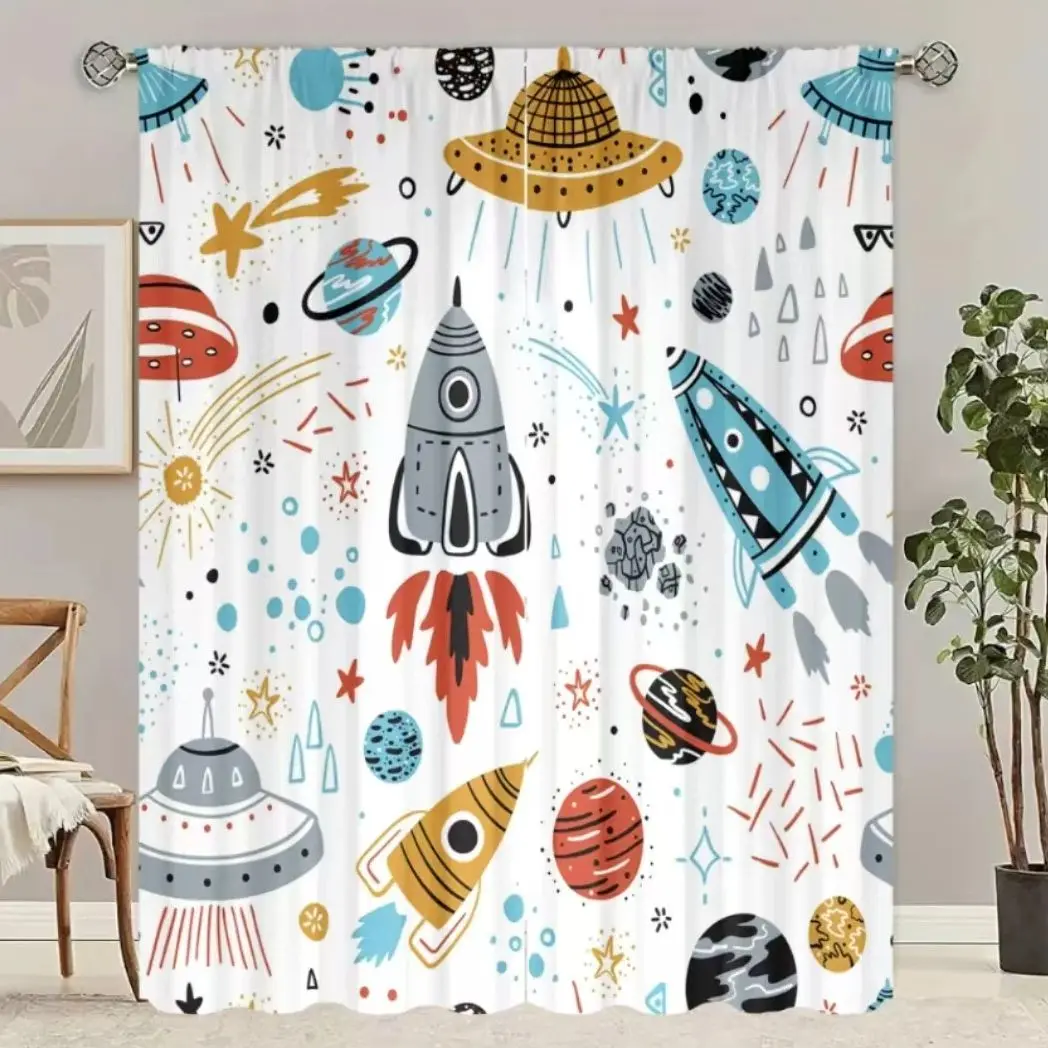 2 pieces of Cartoon spaceship Rocketprinting curtain polyester material suitable for bedroom living room study room anti-privacy