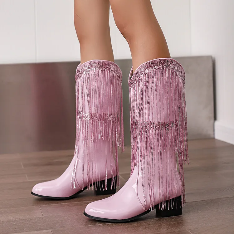 Gorgeous Rhinestone Fringed Western Cowboy Boots Retro Pointed Square Heel Slim Knight Boots Large Size Sexy Women's Boots 34&48