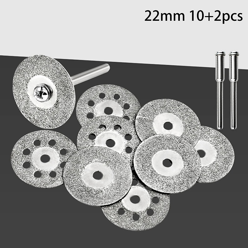 12pcs 22mm Diamond Cutting Disc 3mm Grinding Wheel Mandrel For Metal Cutting Rotary Tool Electric Grinder Parts