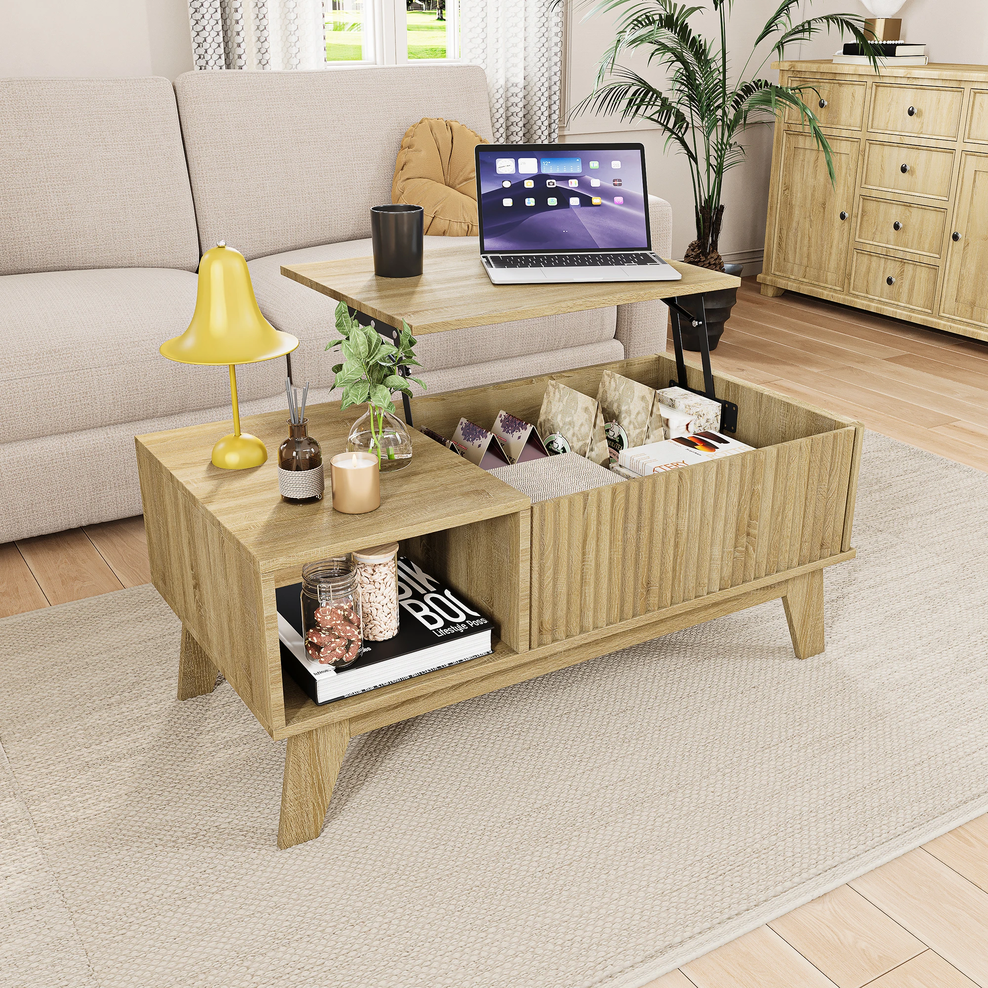 Table basse relevable avec rangement à porte coulissante cannelée, table basse en bois avec compartiment caché et étagère ouverte, porte coulissante, table moderne, table de salon multifonctionnelle avec plateau réglable, couleur bois naturel