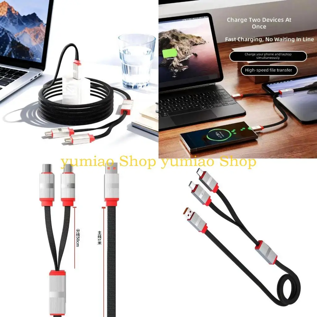 587B USB A/Type C to Double Type C Cable Nylon Braided Charging Cord Supports 60W Power Delivery And Data Transfer 150cm