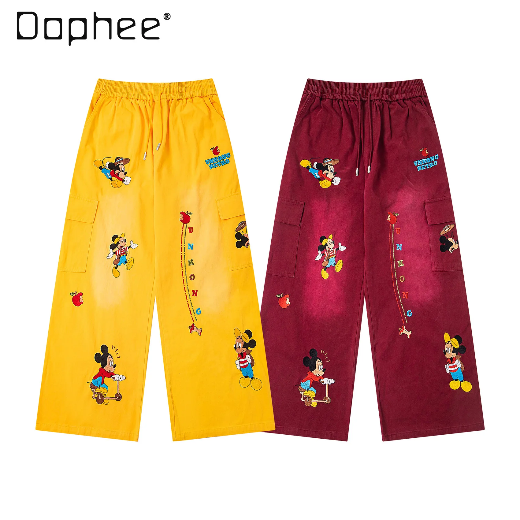 

American Retro Cartoon Embroidery Drawstring Straight Casual Pants Unisex 2025 New Loose Casual Wide-Leg Long Pants Women