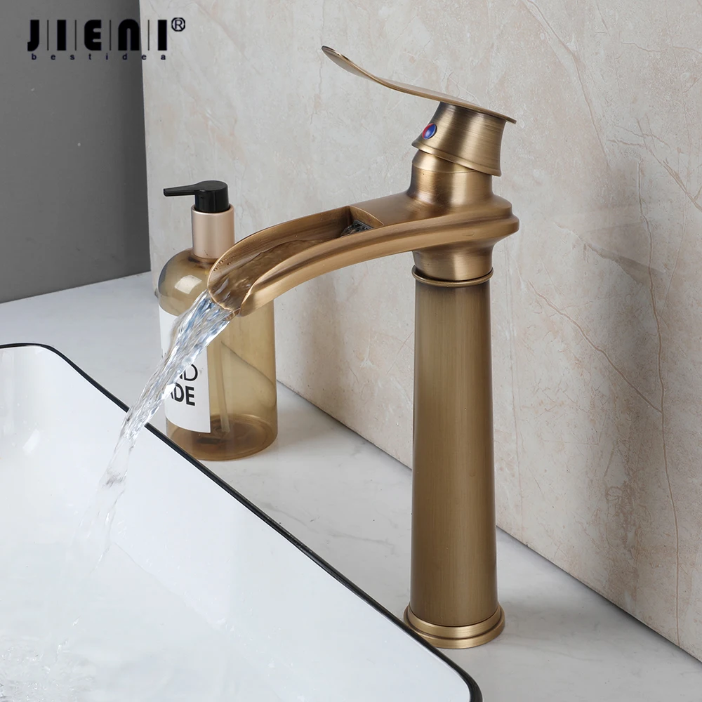 

JIENI Antique Brass Bathroom Basin Faucet Deck Mounted Retro Vintage Style Single Hnadle Waterfall Wash Sink Hot Cold Mixer Taps