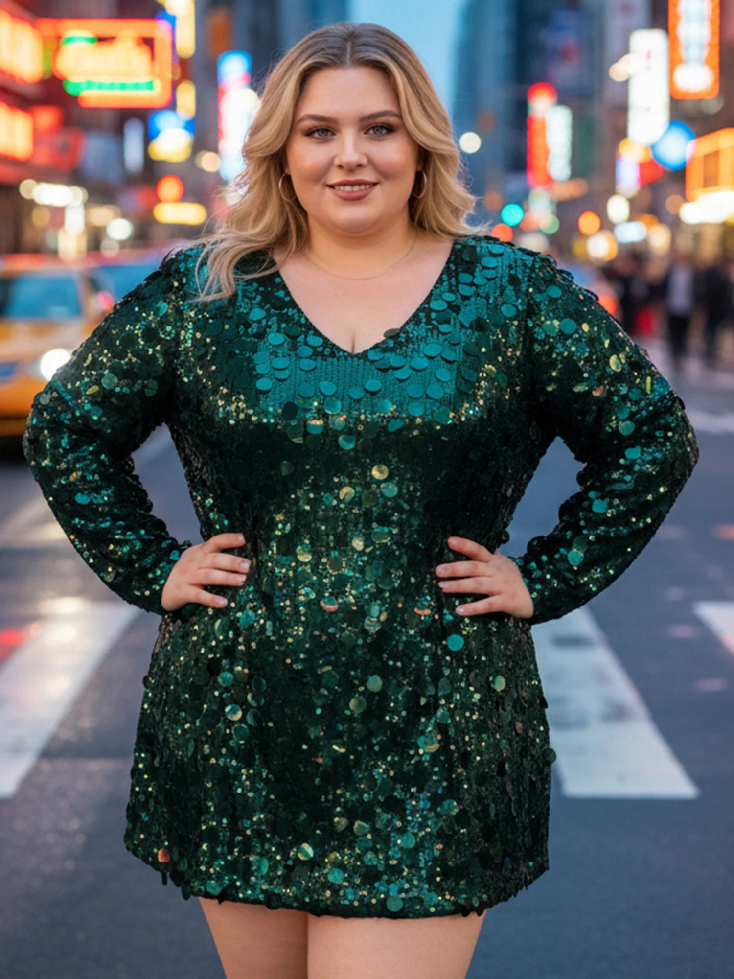 

Элегантное платье больших размеров с пайетками, длинными рукавами и V-образным вырезом, идеально подходит для офисных вечеринок и повседневной носки.