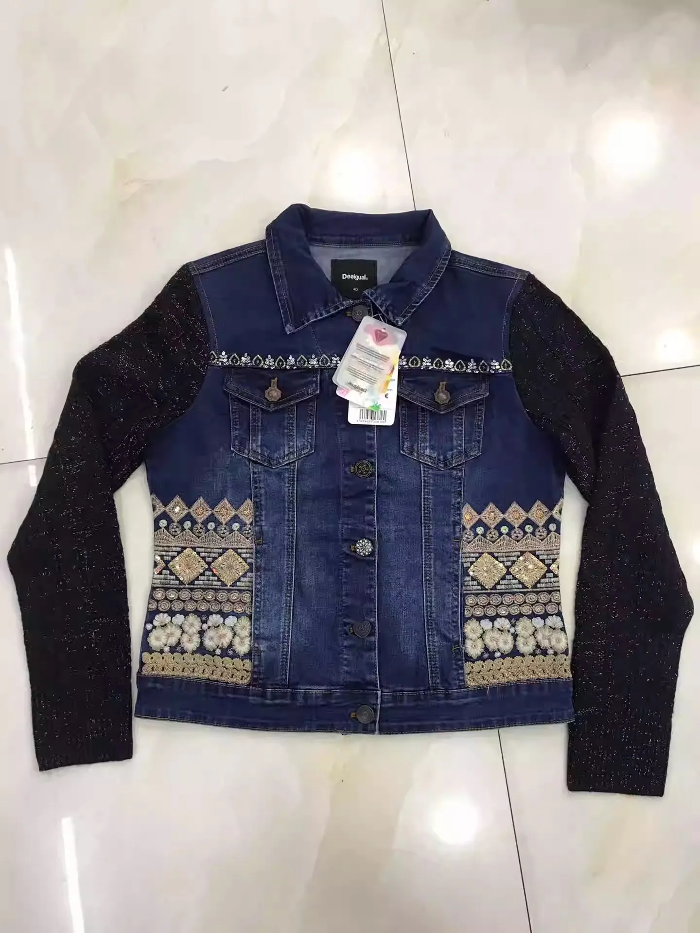 Spanish brand embroidered denim stitching wool sleeve jacket heavy industry