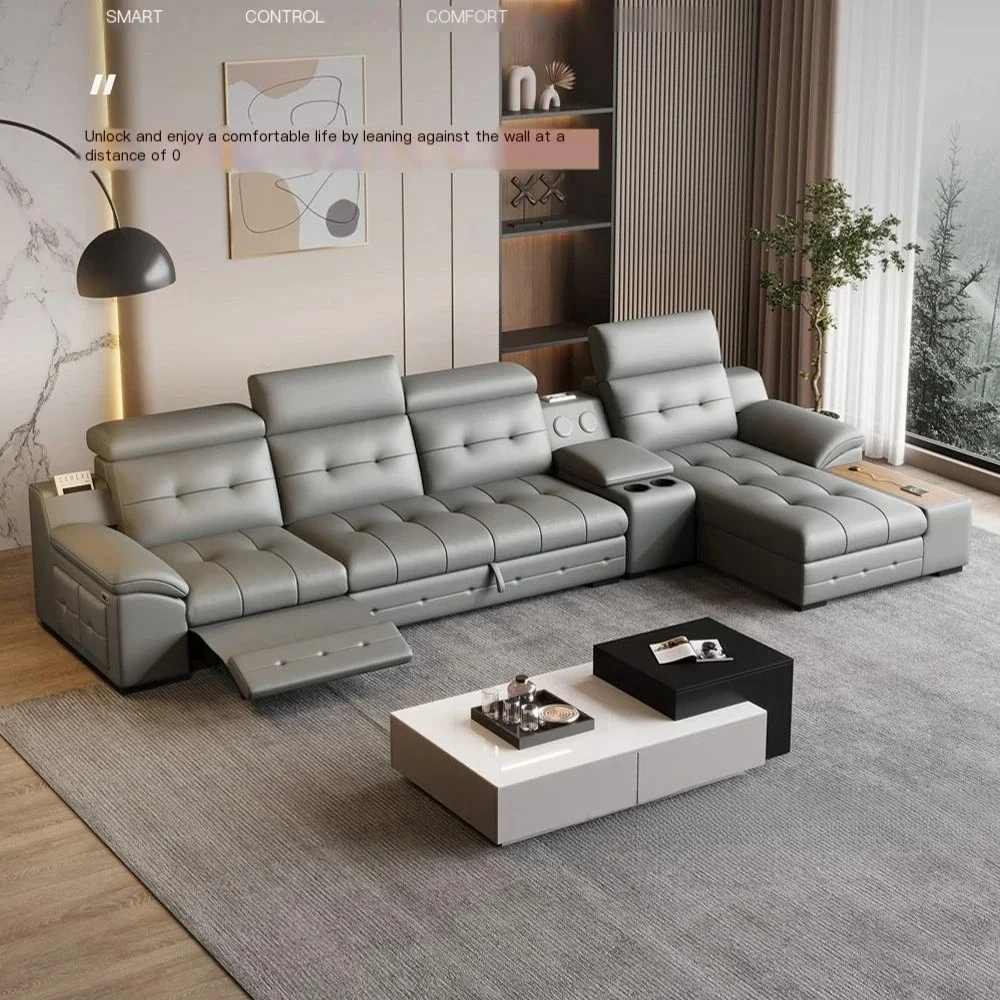Electric Reclining Sectional Sofa Bed with Cup Holder & Adjustable Headrests –  Genuine Leather Convertible Sleeper Couch