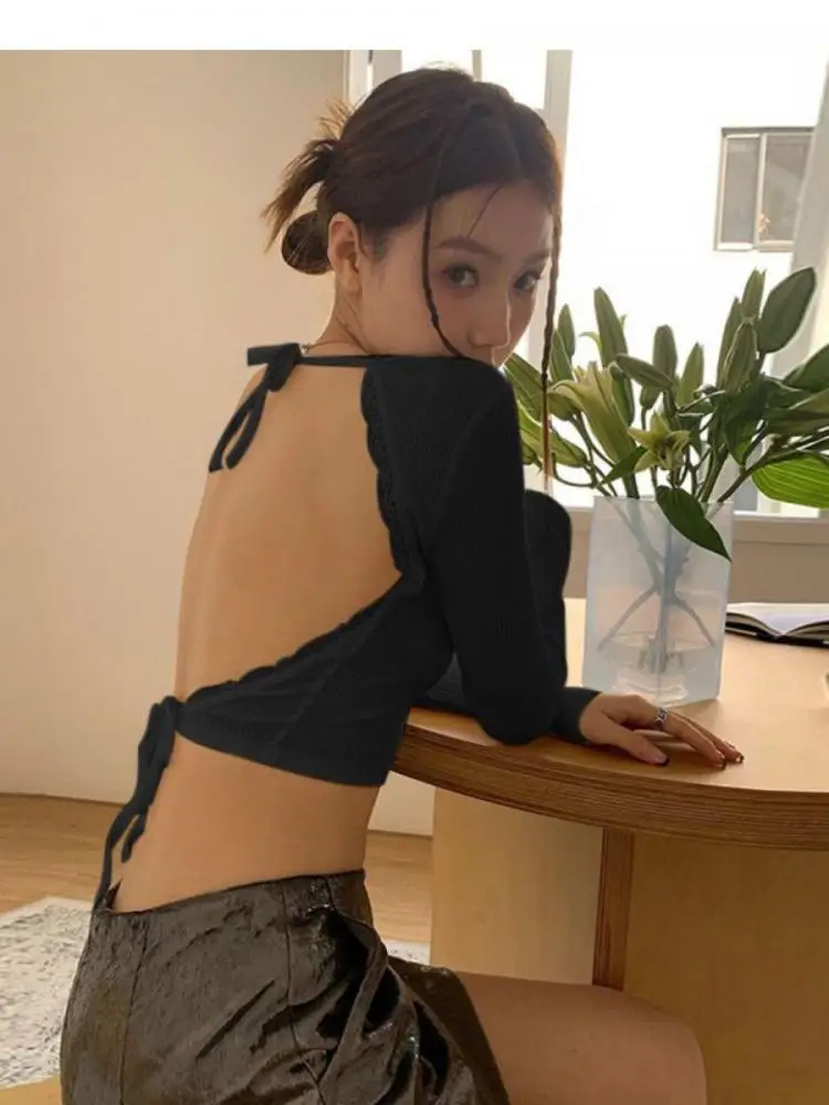 Yedinas-T-shirt évidé dos nu à manches longues pour femmes, Streetwear, Vêtements, Mode coréenne, Sexy, Slim, Été, Y-Y2k, Chic