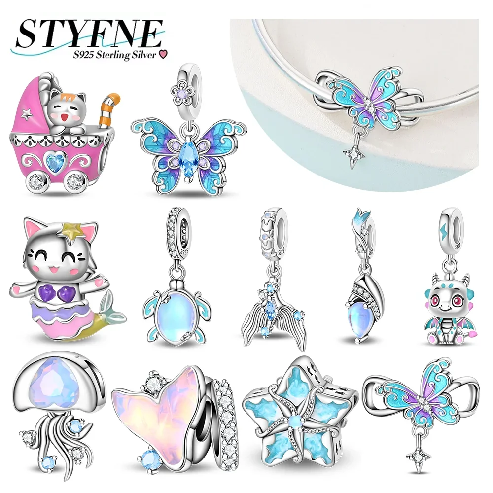 

925 Silver Animal Series Colorful Starfish Jellyfish Fishtail Turtle Butterfly Charms Fit Original Bracelet DIY Jewelry Gift