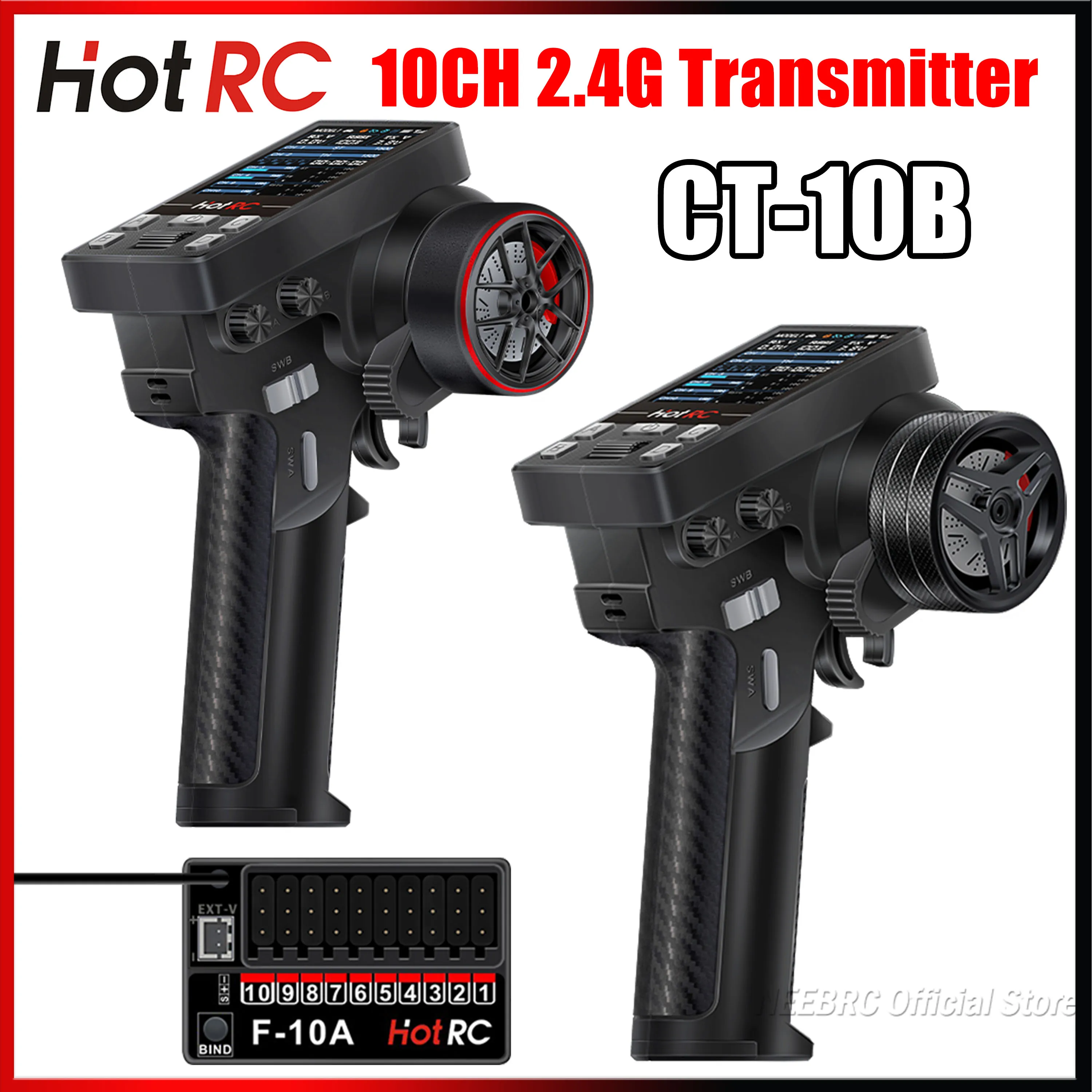 HOTRC CT-10B 10CH 2.4G Transmitter Remote Control Radio System F-10A Receiver Voltage Return PWM for RC Car Boat Tank Robot DIY