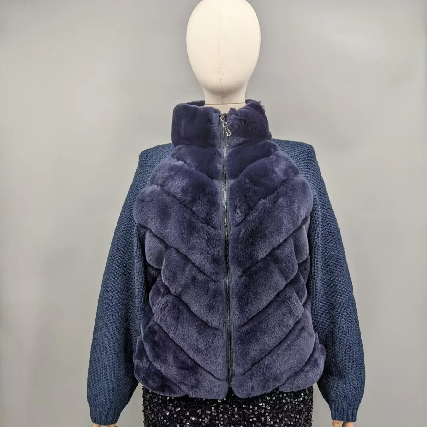 Women Navy Blue Real Chinchilla Rex Rabbit Fur Knitted Sleeve Jacket Stand Collar Zip Up Winter Short Fur Coat Outerwear